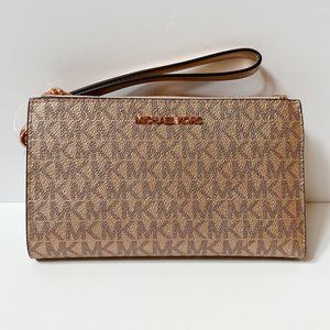 Michael Kors Jet Set Travel Large Double Zip Wristlet PVC Leather MK Rose Gold